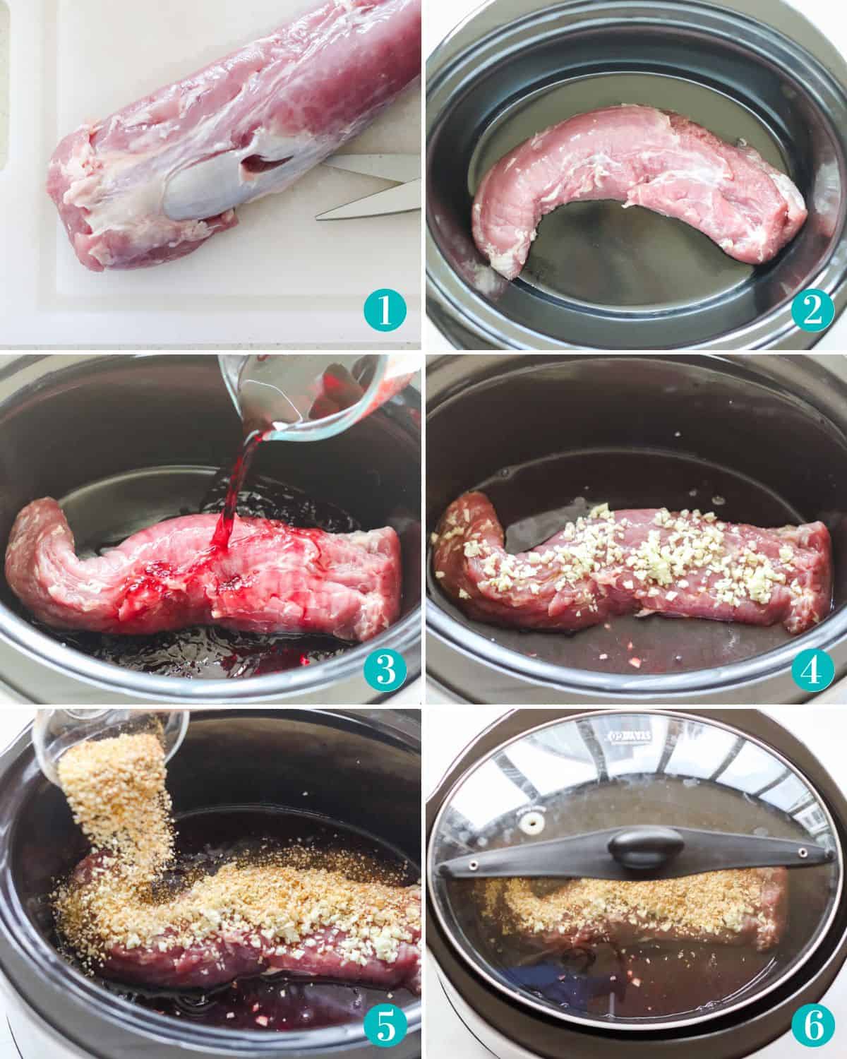 six photo collage with silverskin being cut off pork tenderloin, pork tenderloin in a crock pot, wine being poured over pork, garlic covering the pork, spices sprinkled over pork, and the cover on the slow cooker.