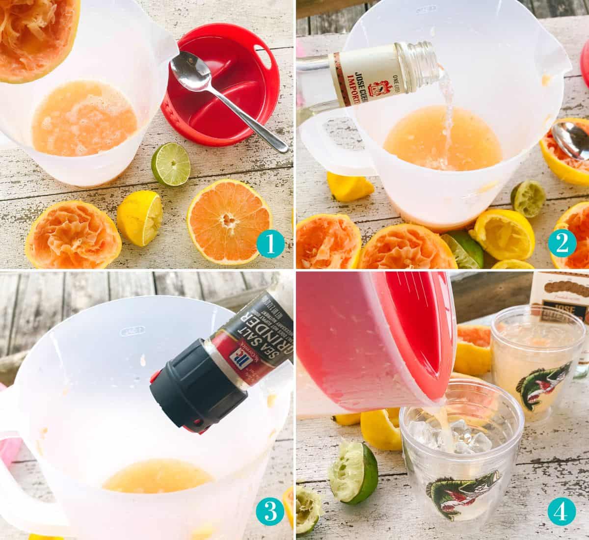 freshly squeezed grapefruit juice in a pitcher next to lemons and limes, tequila pouring into the pitcher with citrus juice, salt being added to the pitcher, and the pitcher of margaritas being poured in a glass with ice.