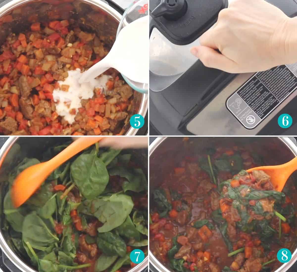 four photo collage of coconut milk pouring into an instant pot, hand putting the top of the instant pot, spinach being stirred into instant pot, and a spoon scooping lamb curry out of the instant pot.