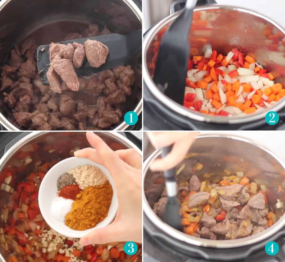 lamb searing in instant pot, veggies sauteeing in instant pot, hand holding a bowl of spices over sauteed veggies, lamb stirred into sauteed veggies in pot.