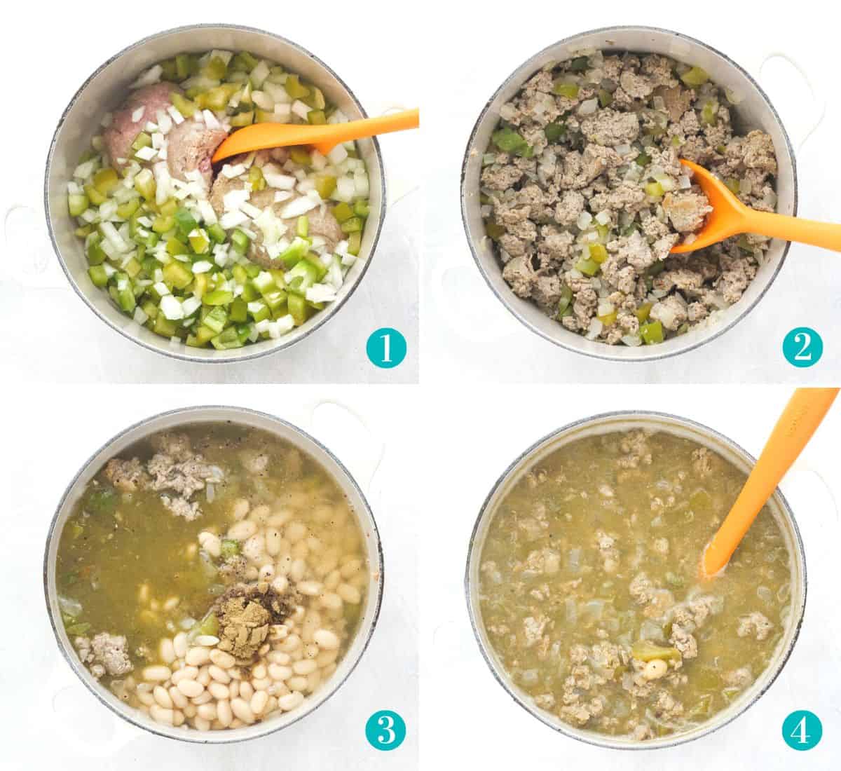 four photo collage with a tan pot with ground turkey and veggie cooking, pot after meat and veggies have cooked, liquid and spices added to pot, soup finished with an orange spoon.