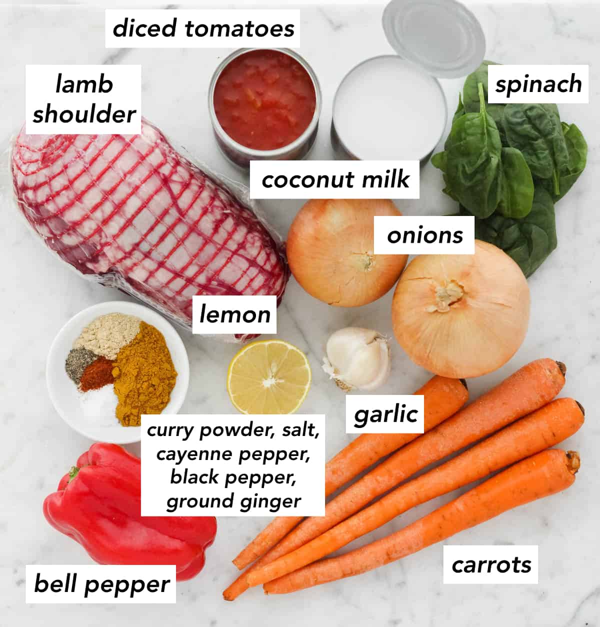 red bell pepper, carrots, cut lemon, bowl of spices, garlic, two onions, lamb shoulder, can of diced tomatoes, can of coconut milk, fresh spinach.
