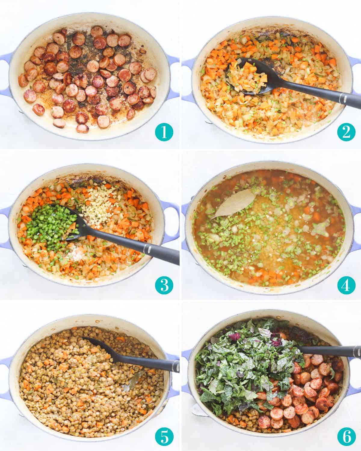 six photo collage with sausage cooking in blue dutch oven, veggies sauteing in blue pot, jalapenos and garlic added to pot, lentils and water added to pot, lentils in pot after cooking, kale and sausage in pot of lentils.
