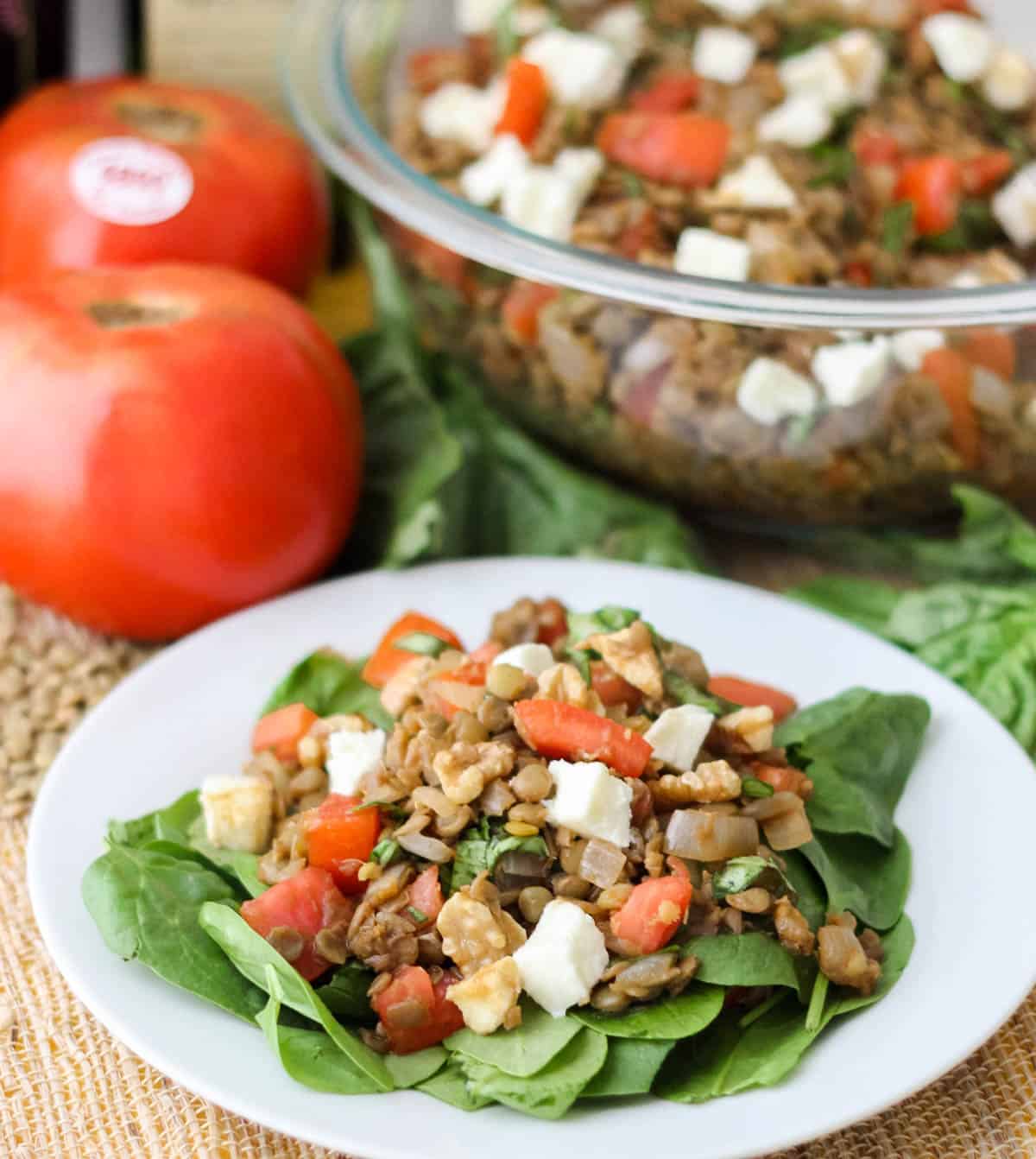 white plate with fresh spinach and lentil salad surrounded by fresh tomatoes and a bowl of lentil salad.