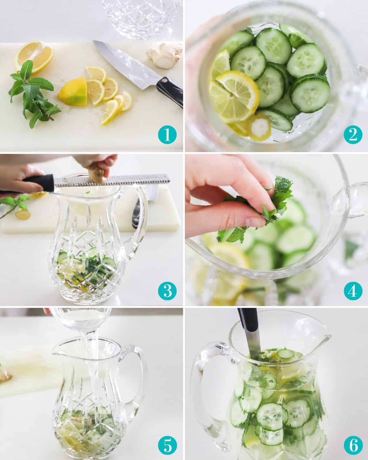collage of six photos with cutting board and lemon, ginger, cucumbers, and mint; crystal pitcher full of sliced cucumbers and lemon; hand grating ginger into pitcher; hand sprinkling fresh mint into pitcher; water pouring into pitcher; spoon stirring together cucumber, lemon, mint, and ginger water.