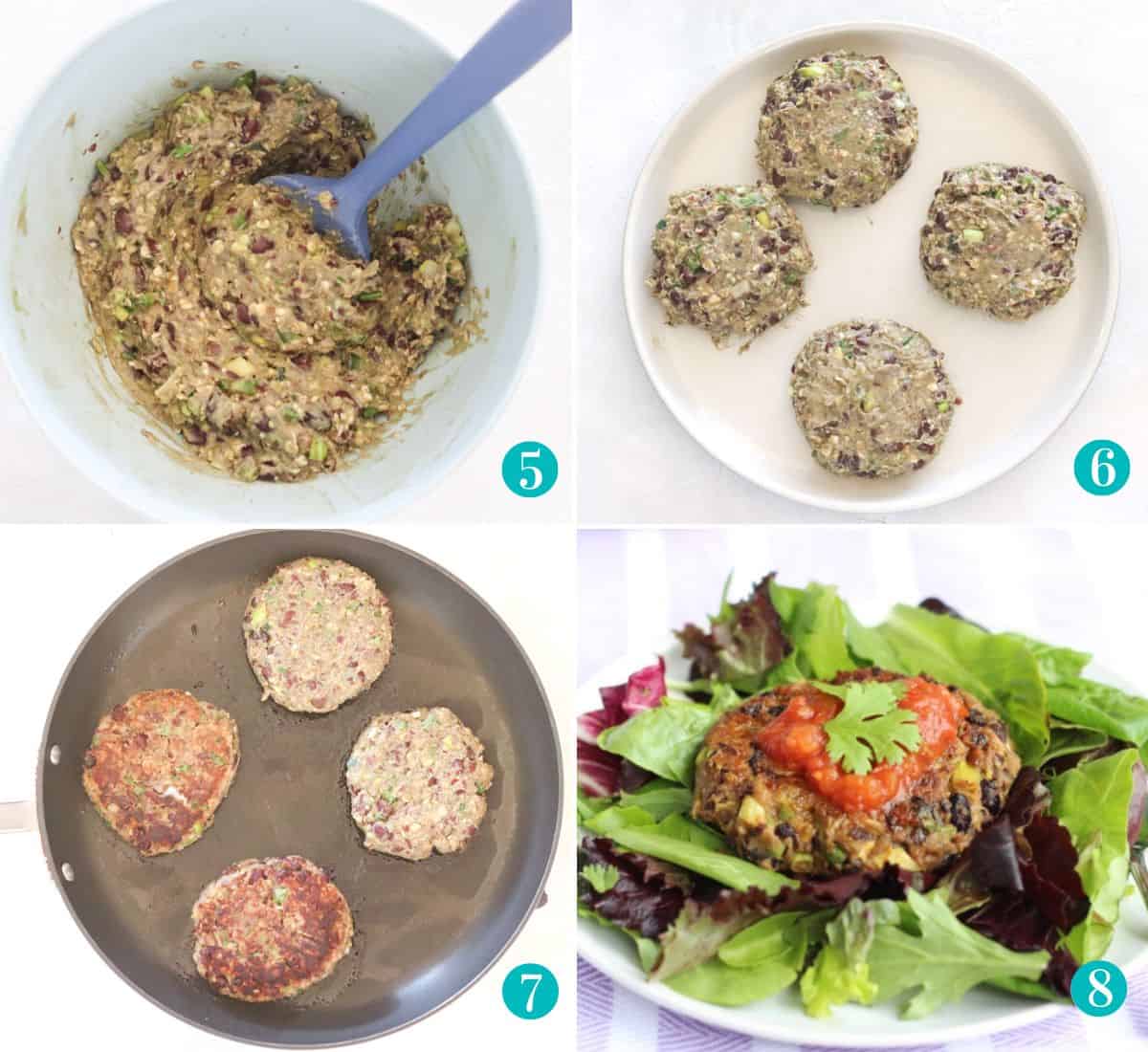 southwestern black bean burger mixture in a bowl, burgers shaped onto a plate, burgers cooking in a skillet, and a southwest black bean burger on a bed of lettuce with salsa and cilantro.