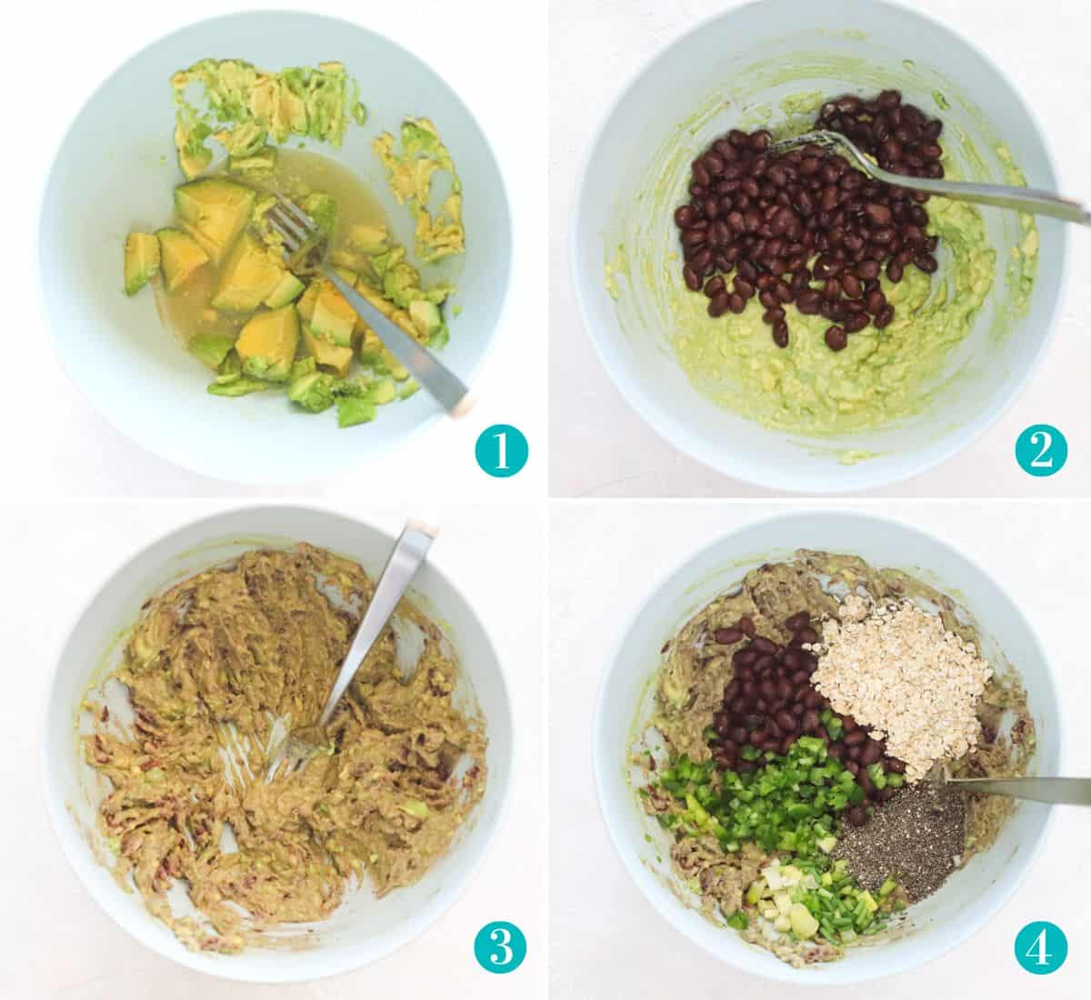 collage of four photos with a blue bowl and avocado plus lime juice, black beans added to mashed avocado, mixture after beans mashed into it, extra ingredients added to bowl.