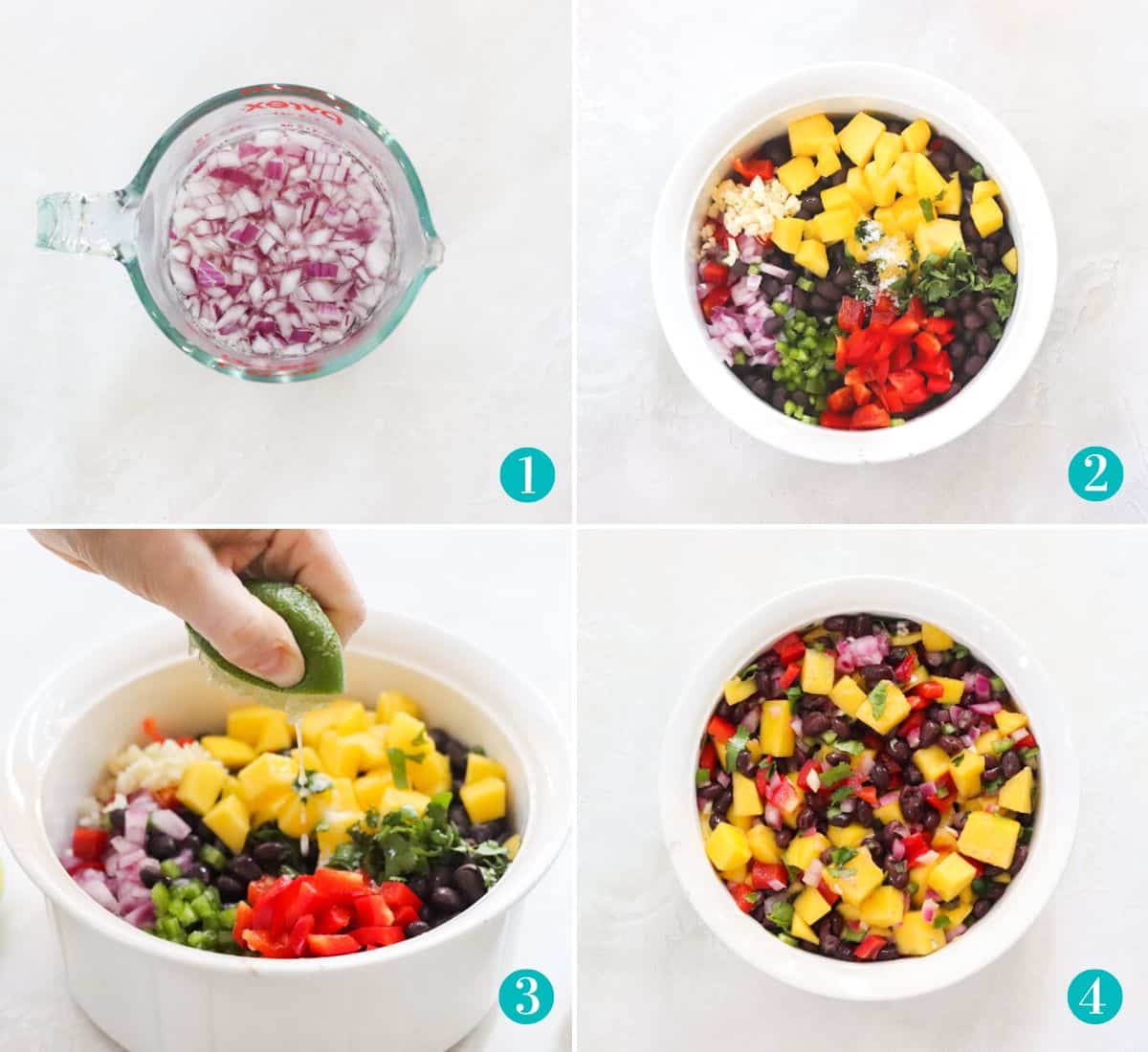 four photo collage. the first photo is red onion in water, the second photo is black beans, mango, red bell pepper, and jalapeno in a white bowl, third photo is lime juice being squeezed into the bowl, and the fourth photo is the salsa stirred together.