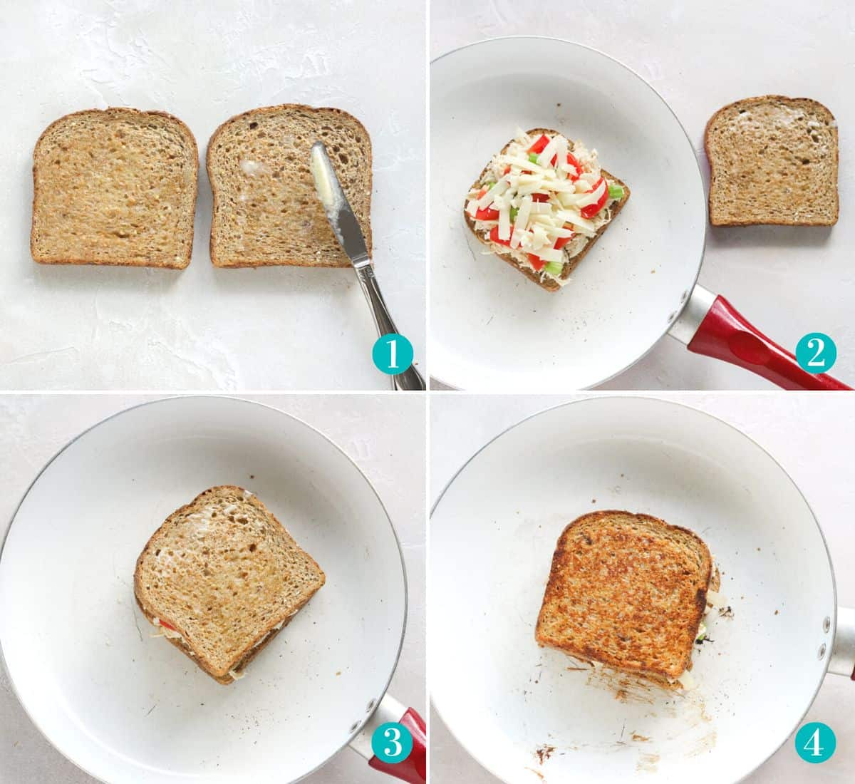 collage of four photos with two slices of bread being buttered, bread topped with chicken salad and cheese, making a grilled cheese in a skillet, finished grilled cheese in skillet.