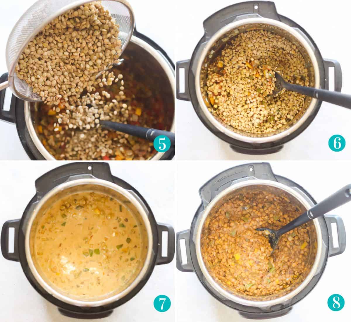 four photo collage with lentils being poured into the instant pot, lentils stirred into veggies, coconut milk added to the pot, and the lentil curry after cooking in the instant pot.