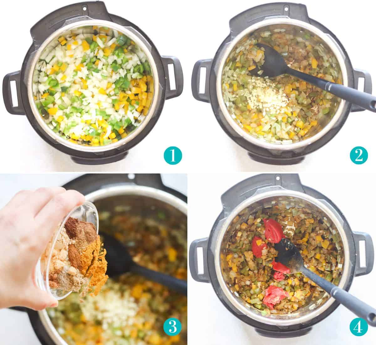 four photo collage with veggies sauteeing in instant pot, garlic added to cooked veggies with a black spoon, hand adding spices to the veggies in the instant pot, and tomato paste added to cooked veggies in an instant pot.