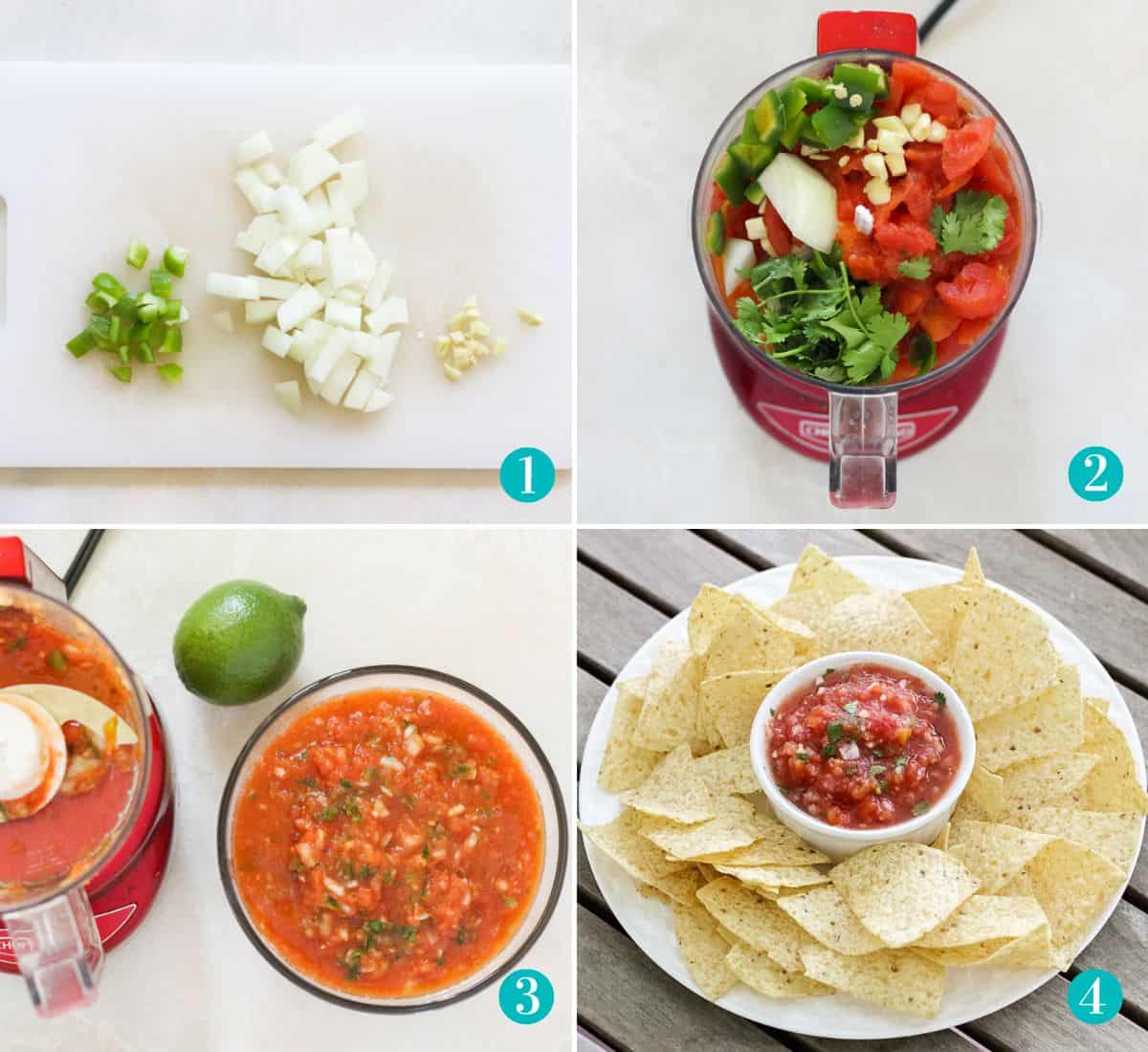 collage of four photos with chopped jalapeno, onion, and garlic on a cutting board, tomatoes and chopped veggies in a food processor, prepared salsa in a bowl next to empty food processor and a lime, salsa in a bowl surrounded by tortilla chips on a plate.