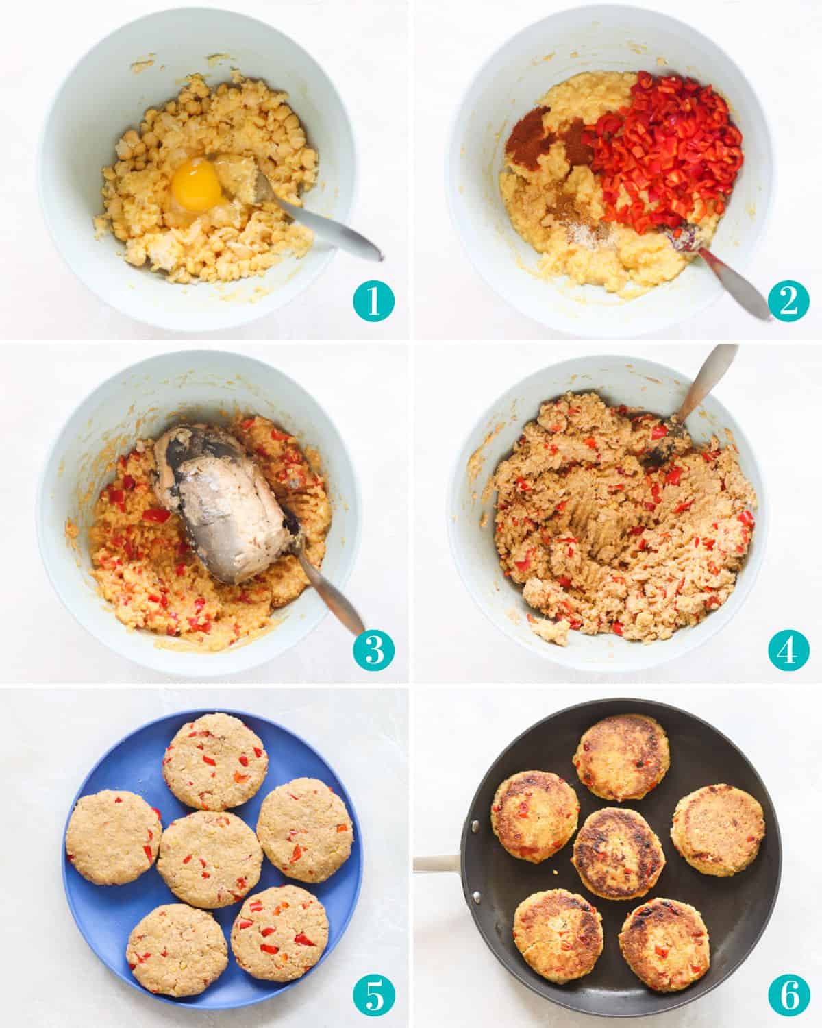collage of six photos with bowl of fork masking together chickpeas and egg, fork stirring in spices and red bell pepper, fork stirring in canned salmon, mixture after combing, salmon patties on plate, salmon patties in a skillet.