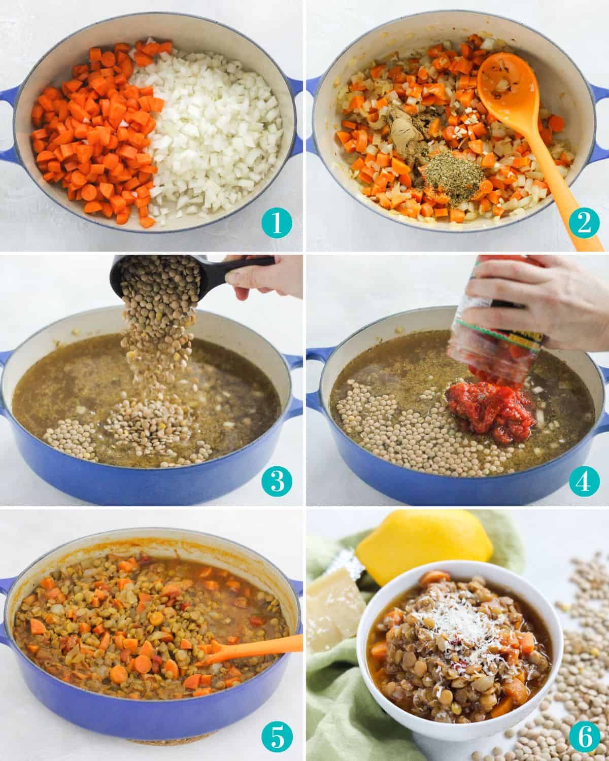six photo collage with veggies sauteing in a blue pot, spices added to sauteed veggies, hand pouring lentils into pot from a black measuring cup, hand pouring a jar of salsa into the pot, cooked soup in blue pot, and a bowl of soup topped with cheese.