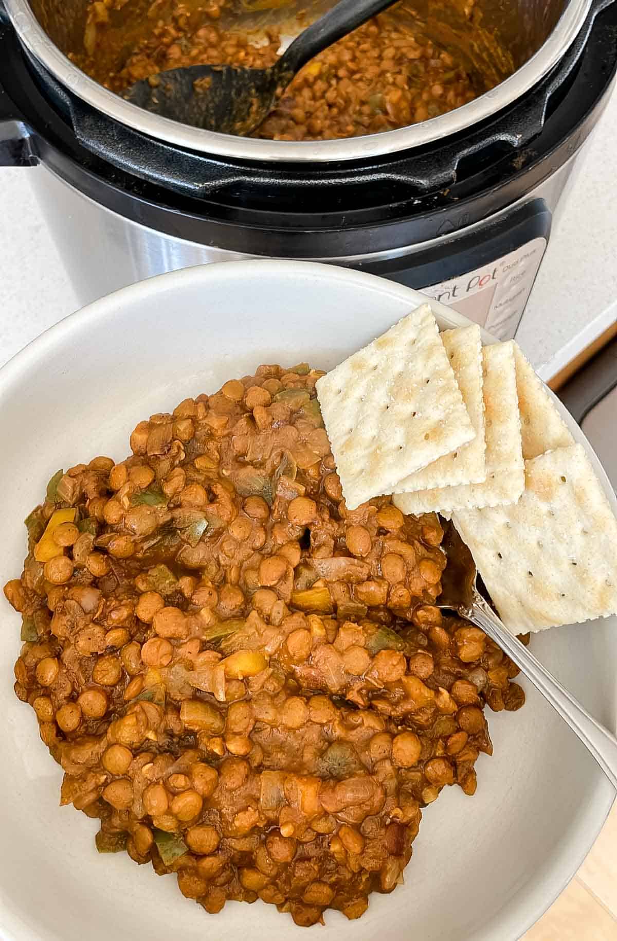 bowl of lentil vegetable curry, saltine crackers, and a silver spoon next to an instant pot with curry and a black spoon.