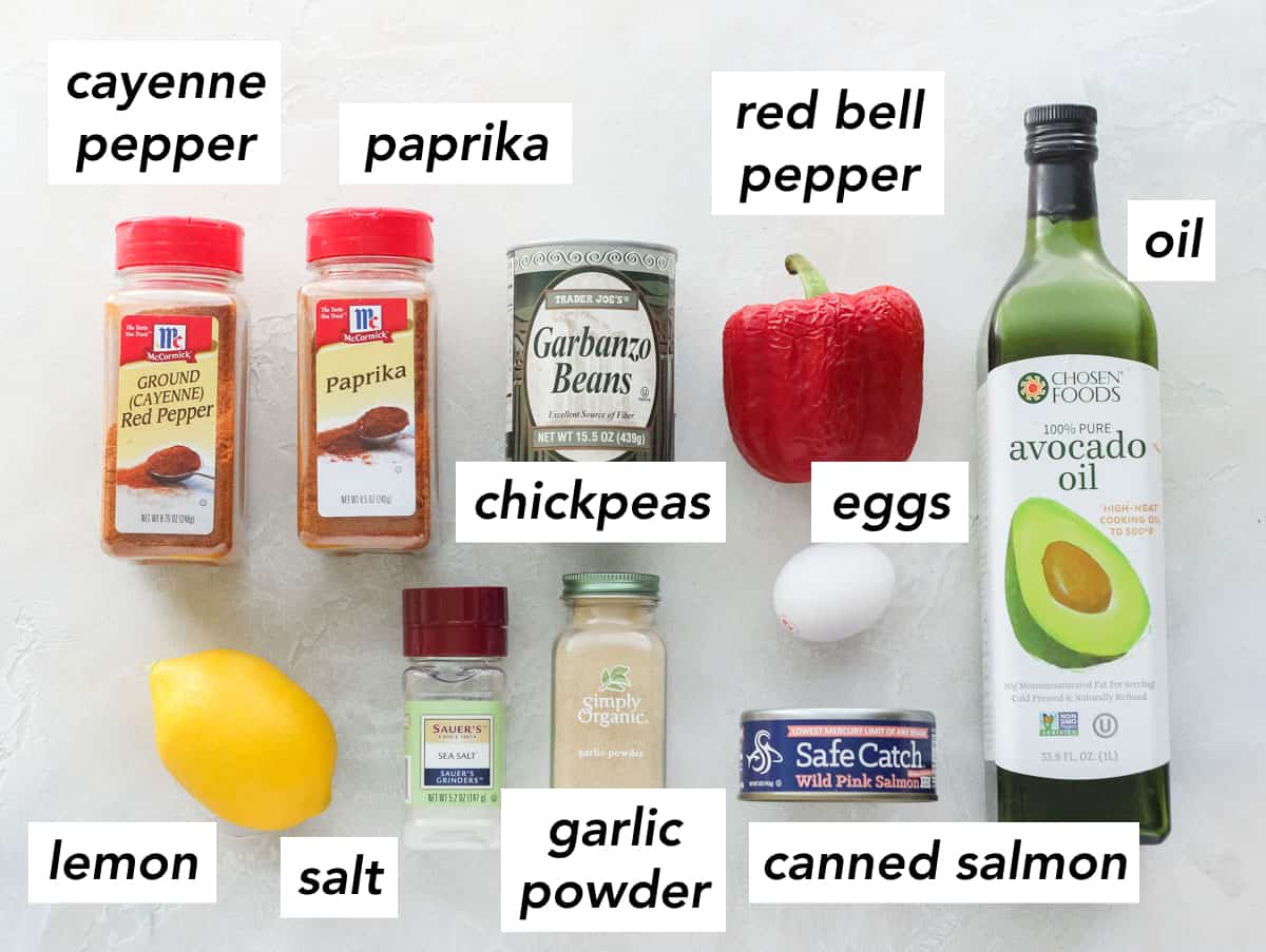 white counter with bottle of cayenne pepper and paprika, can of chickpeas, red bell pepper, egg, bottle of avocado oil, can of salmon, bottle of garlic powder and salt, and a lemon with text overlay describing ingredients.