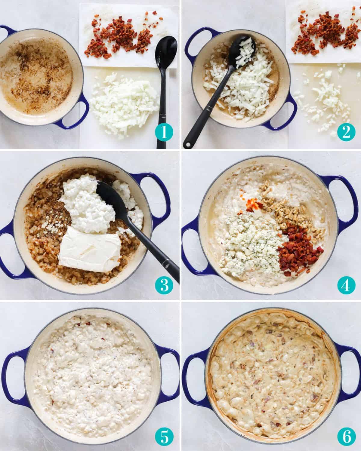 six photo collage with steps to make blue cheese and bacon dip including cooking the bacon, sauteing the onion in bacon grease, adding cream cheese and cottage cheese, adding walnuts plus blue cheese and hot sauce, stirring it together, and baking.