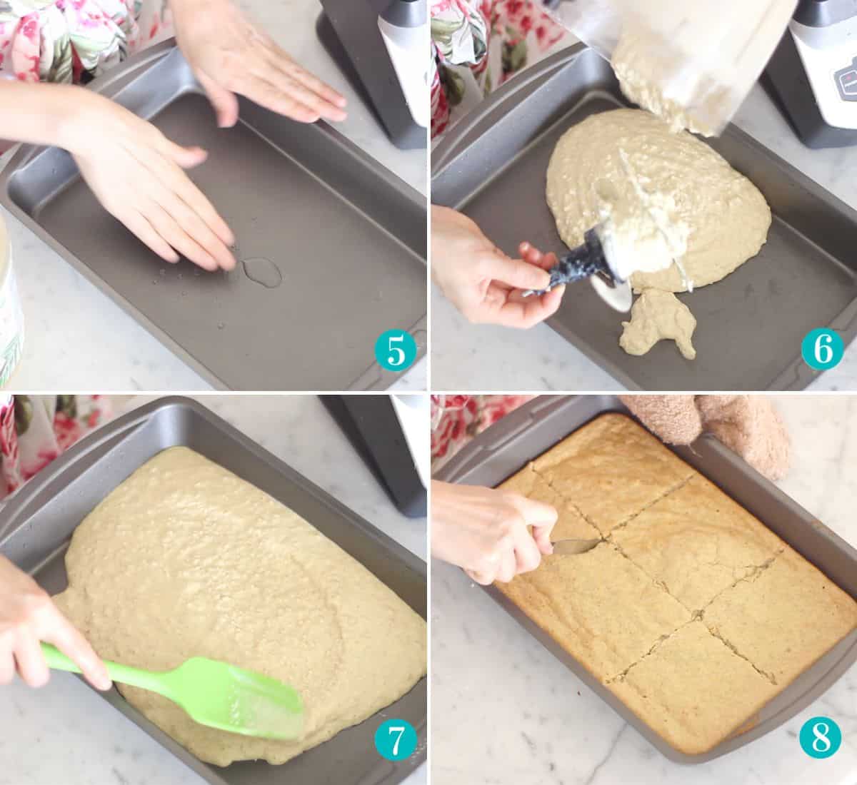 four photo collage with hands rubbing oil onto a sheet pan, pancake batter being poured onto baking sheet, green spatula pushing batter to edges, and a hand slicing sheet pan protein pancakes into pieces after being baked.