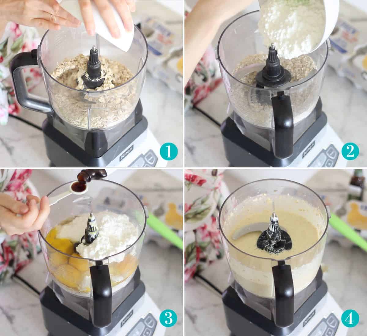 four photo collage of oats being poured into a food processor, cottage cheese added to food processor, vanilla extract added, and what it looks like after being blended.