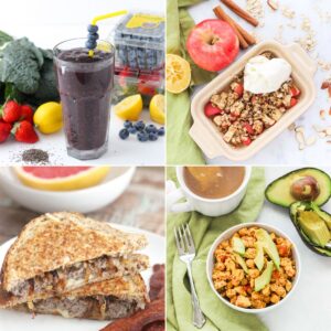 collage of four photos for breakfast recipes without eggs including a kale berry smoothie, microwave baked apples topped with yogurt, a patty melt and bacon, and a southwestern tofu scramble.