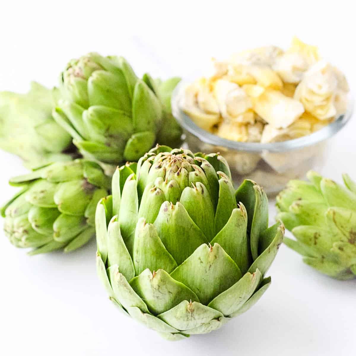 whole fresh artichokes with a bowl of canned artichokes on a marble countertop.