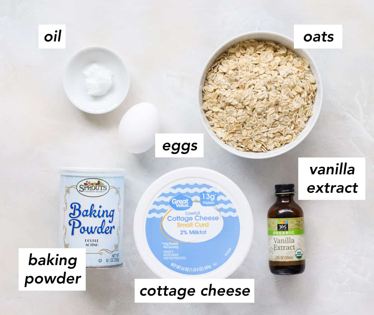 bowl of coconut oil, containers of baking powder and cottage cheese, bottle of vanilla extract, bowl of rolled oats, and an egg with text overlay describing ingredients.