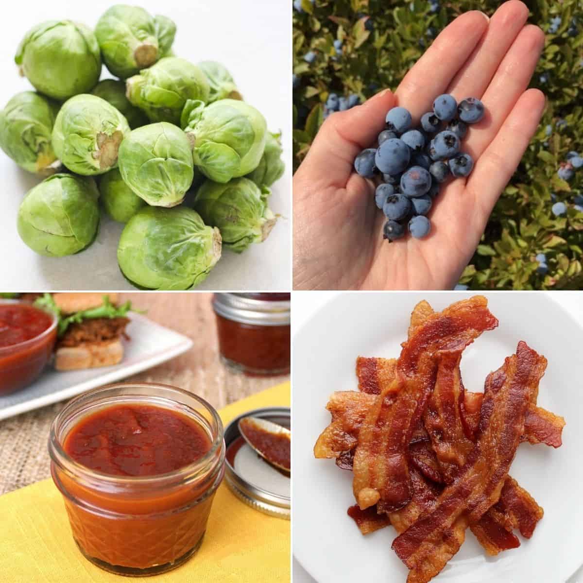 four photo collage of foods that start with B including Brussels sprouts, hand holding wild blueberries, jar of bbq sauce, and a plate of cooked bacon.