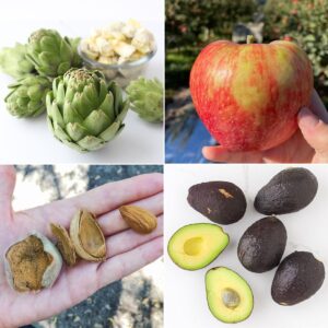 four photo collage of foods that start with a including artichokes on a countertop, hand holding an apple in an apple orchard, hand holding a fresh almond after hulling and shelling, and a counter with ffresh avocados.