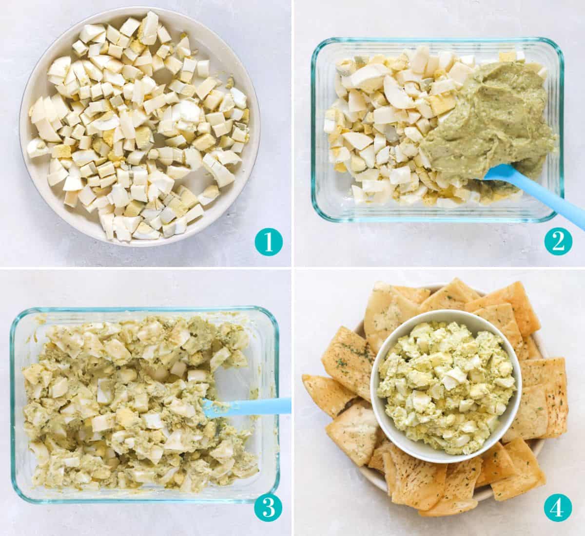 four photo collage with a plate of chopped hard-boiled eggs, chopped eggs and hummus in a glass storage container, eggs and hummus being mixed together in glass container, and a plate of pita chips with a bowl of hummus egg salad.
