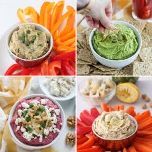 four photo collage of different types of hummus without tahini including roasted eggplant hummus surrounded by sliced peppers, a hand dipping a cracker into avocado spinach hummus, a bowl of loaded beetroot hummus, and a bowl of artichoke hummus surrounded by peppers and carrots.