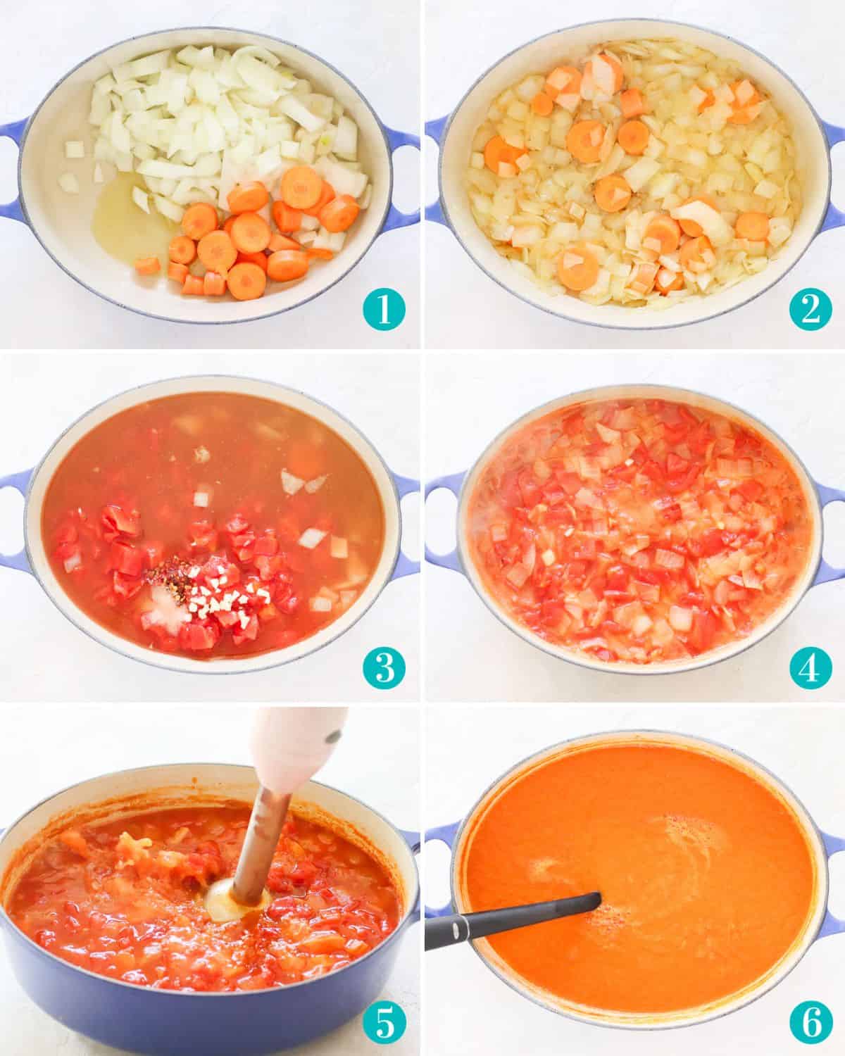 six photo collage with onions and carrots before and after cooking in a blue pot, adding tomatoes and broth to pot, simmering in pot, using a pink immersion blender to blend soup, and the finished tomato soup in the pot.