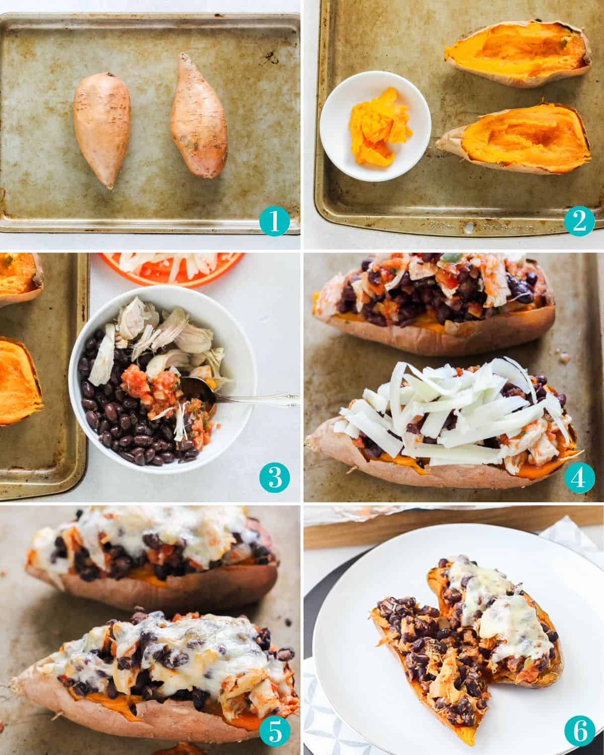 six photo collage with sweet potatoes on baking sheet, sweet potato halved, chicken and beans stirred together with salsa, stuffed sweet potato with cheese on baking sheet before baking, sweet potato after baking, and baked stuffed sweet potato on plate.