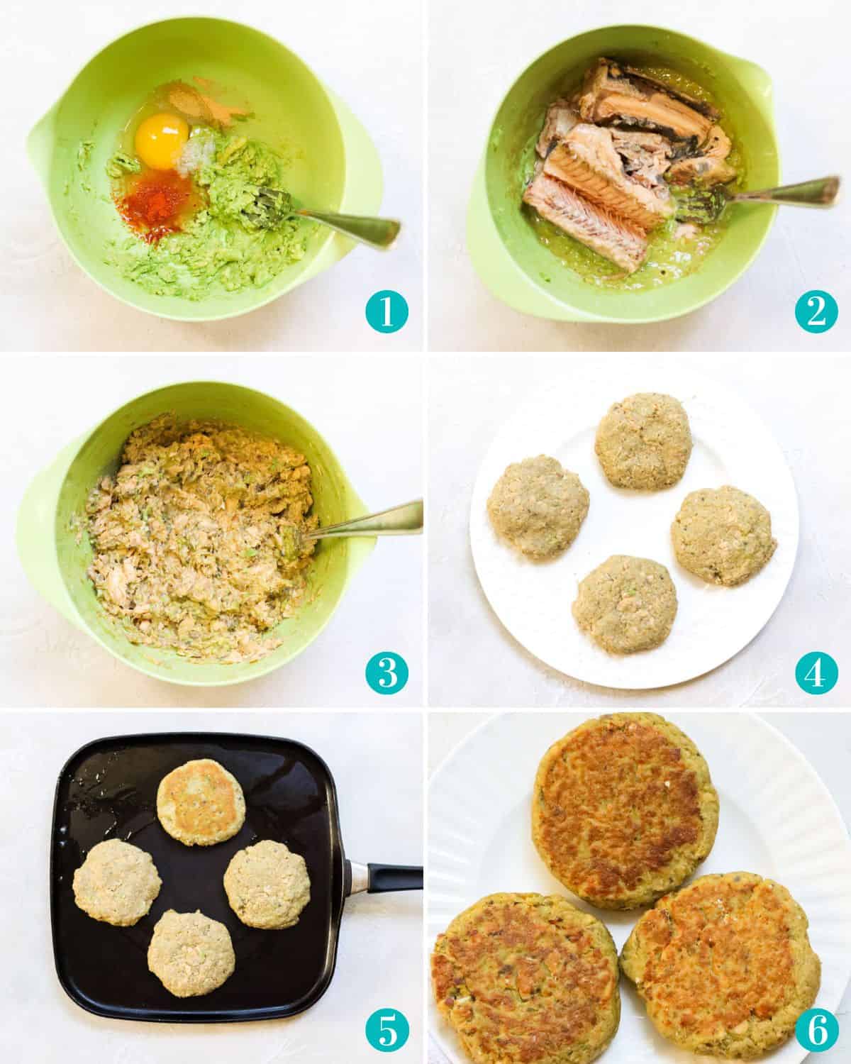 collage of 6 photos with: green bowl with mashed avocado; mashed avocado, egg, spices; mashed avocado with canned salmon; four salmon burgers on white plate; black skillet cooking salmon burgers; three cooked salmon burgers on white plate.