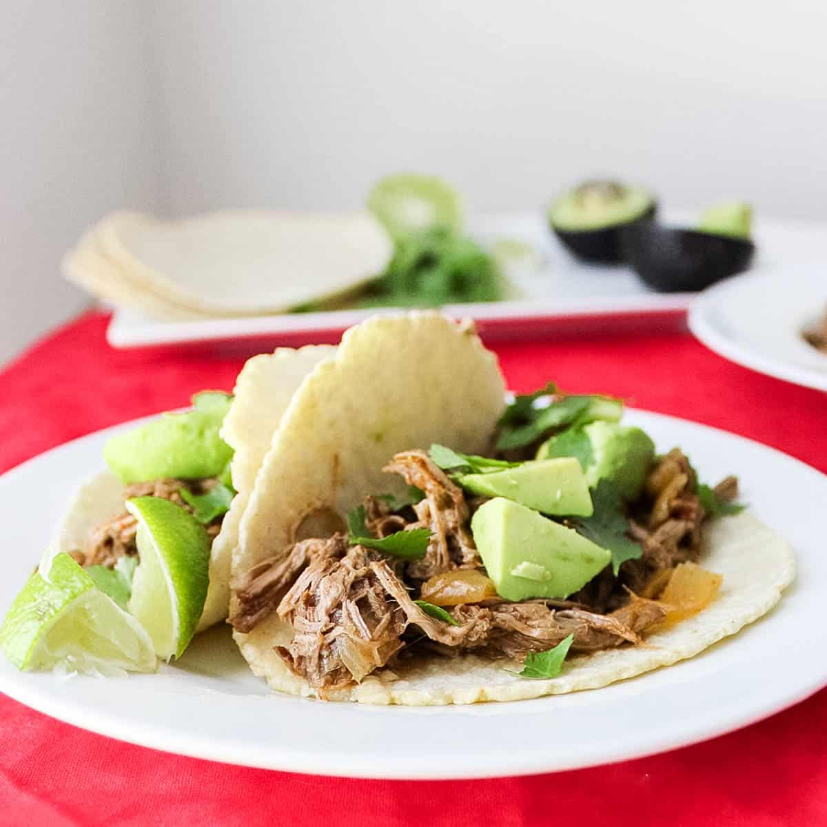 two corn tortillas filled with beef barbacoa topped with fresh avocado and cilantro.