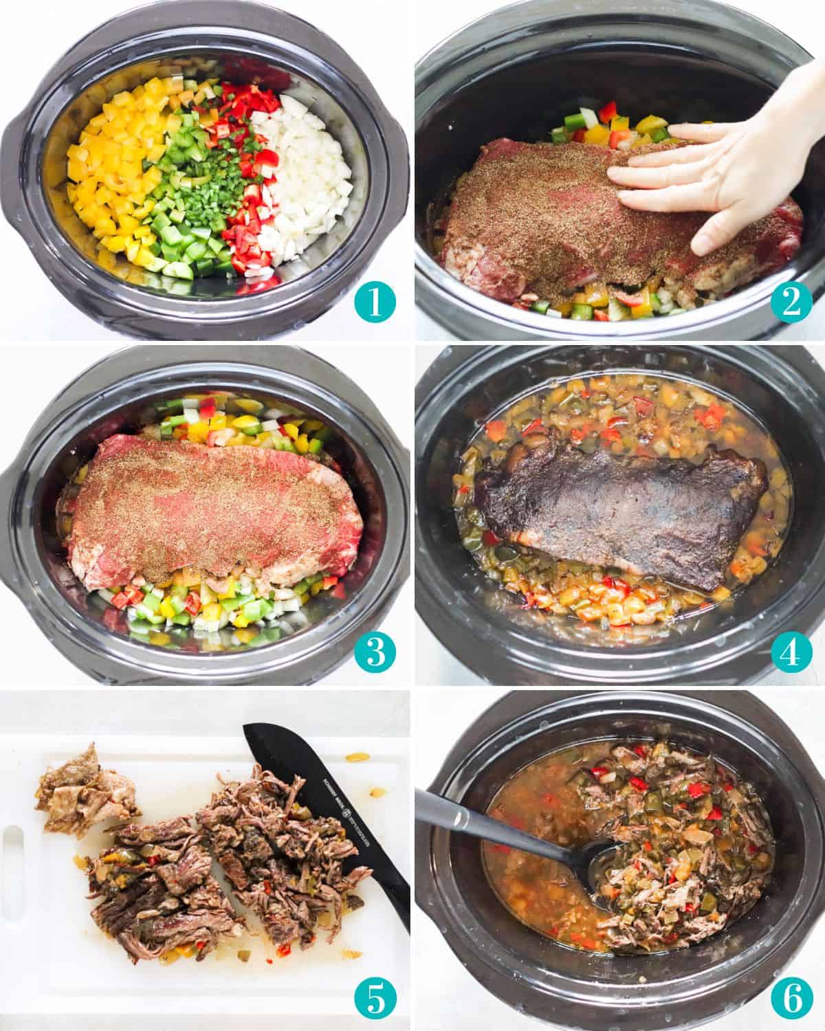 six photo collage with peppers and onions in a slow cooker, a hand patting spices on a steak in a slow cooker, the steak in the crockpot, steak and peppers cooked in the crockpot, cooked beef carnitas on a cutting board, and cooked steak and peppers after cooking in the slow cooker.