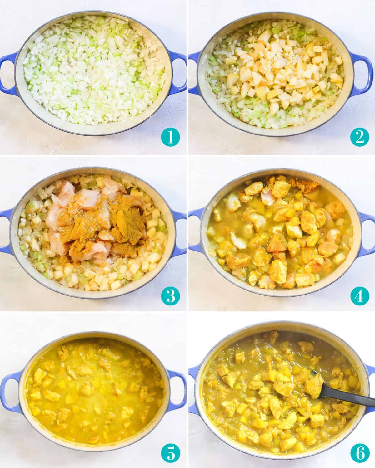 six photo collage with a blue pot with onions and celery sauteing, apple and garlic added to pot, chicken and curry powder added to pot, liquid added to pot, cornstarch and water added to pot, and curry sauce when done.