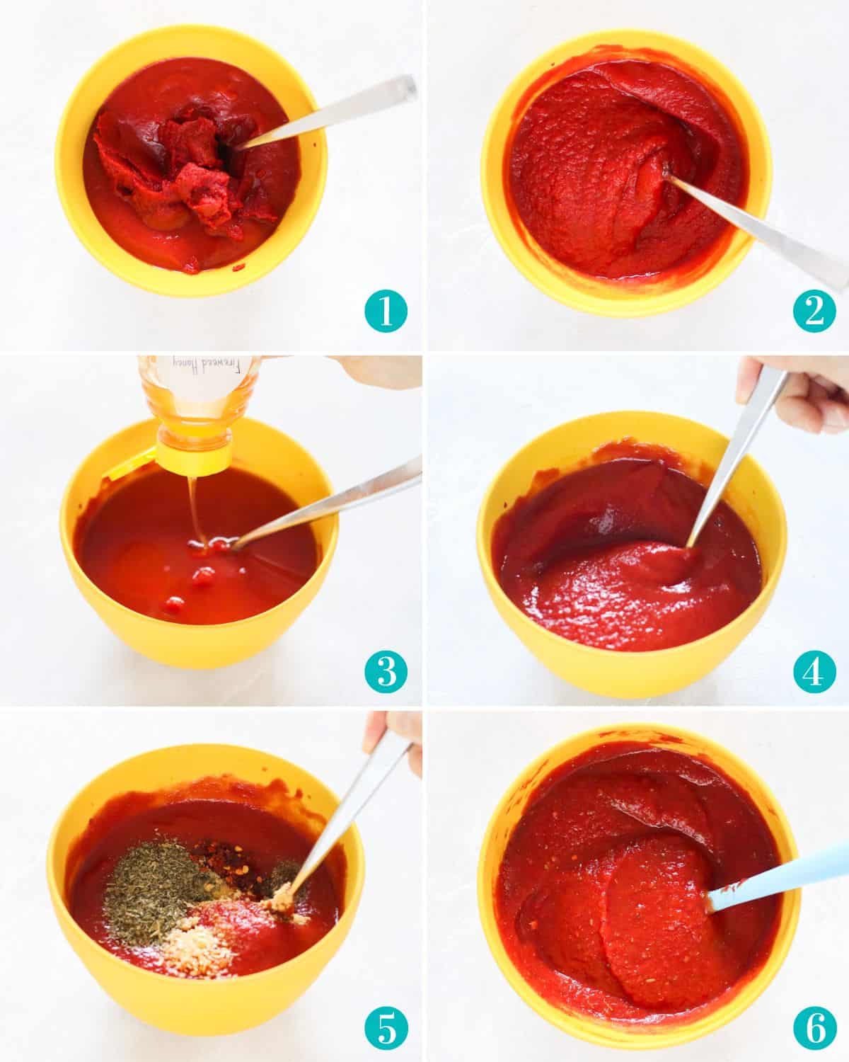 six photo collage with a yellow bowl making pizza sauce using canned tomato sauce and tomato paste, adding honey and spices, then stirring it all together.