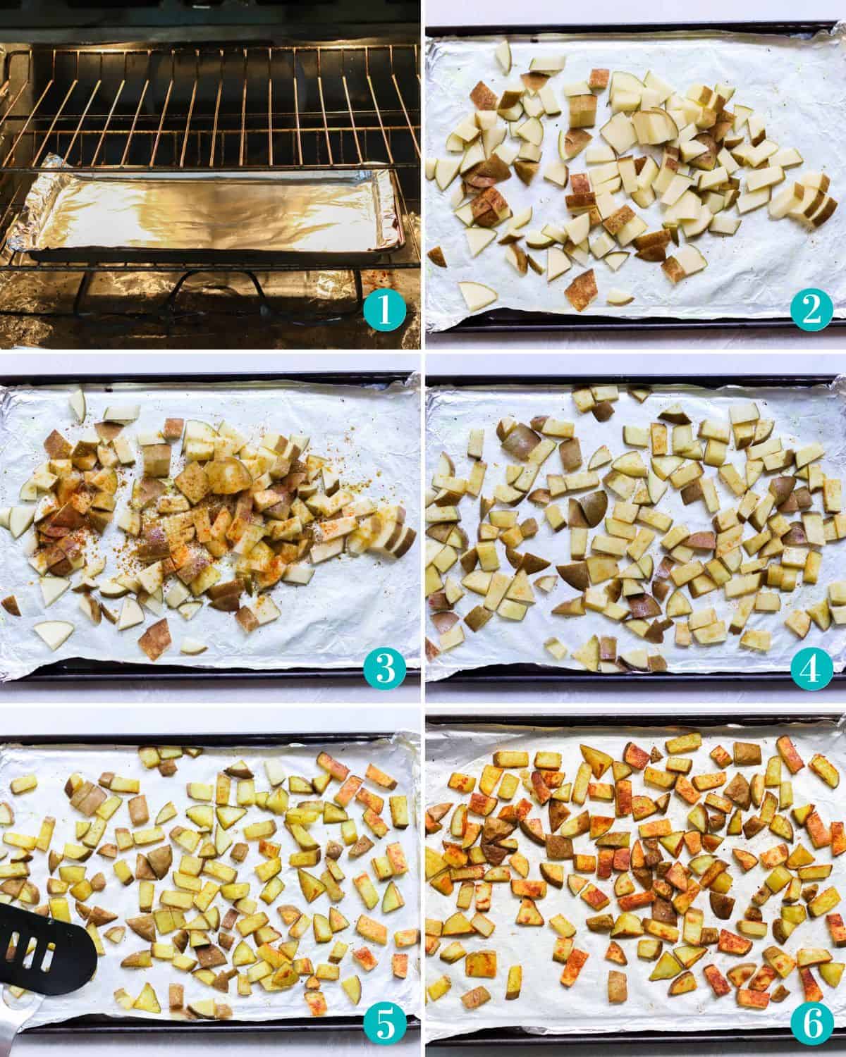 six photo collage with baking sheet preheating in oven, chopped potatoes on baking sheet, spices on potatoes, seasoned potatoes before cooking, potatoes halfway through cooking with a spatula, and finished roasted potaotes.
