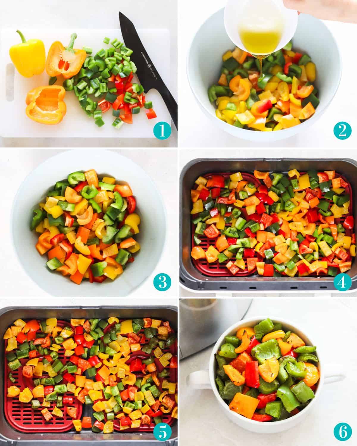 six photo collage with bell peppers being chopped, then peppers in a bowl with oil pouring on top, bell peppers with salt and pepper, bell peppers in air fryer before and after cooking, then a bowl of roasted peppers.
