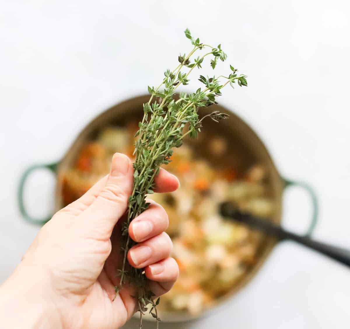hand holding fresh thyme over a pot of chicken hash.