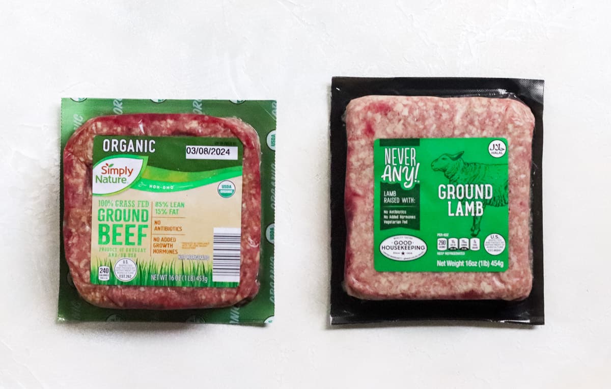 a package of grass fed ground beef and a package of ground lamb.