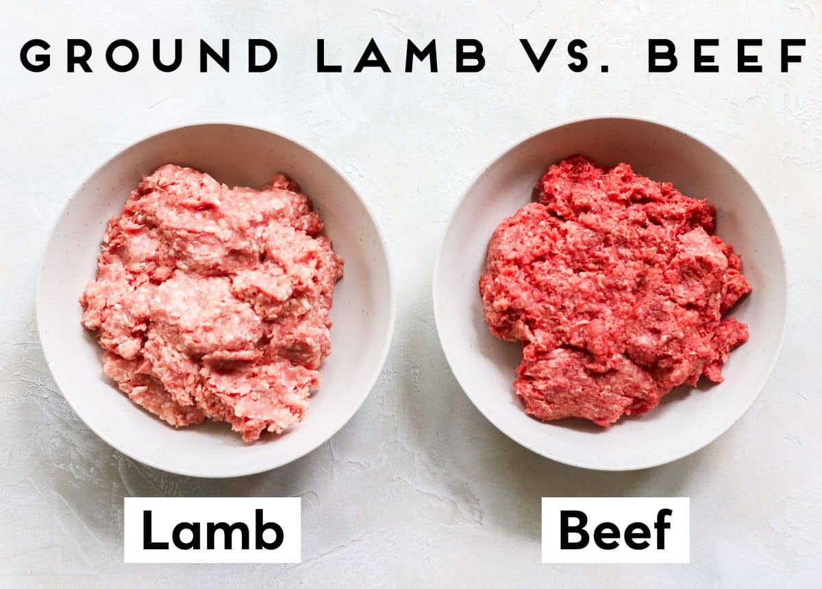 two bowls of ground lamb and beef with text overlay reading ground lamb vs. beef.