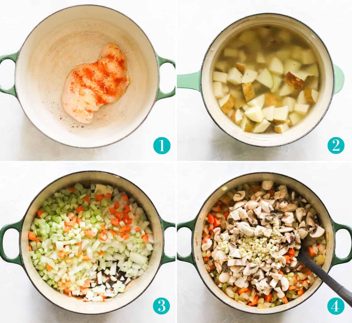 four photo collage with a large green pot cooking chicken, a small pot boiling potatoes, and veggies cooking in the large pot.