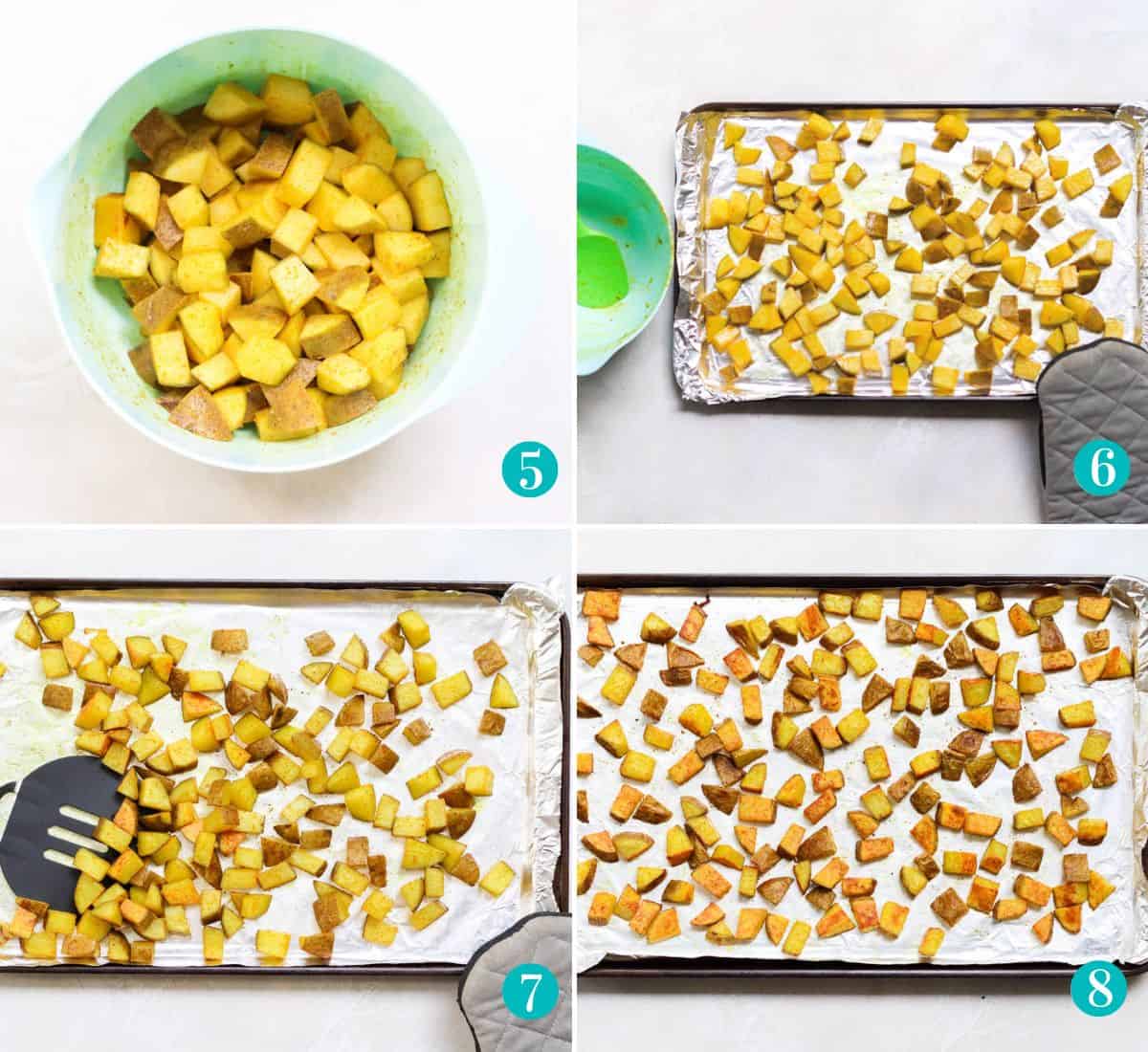 four photo collage with potatoes covered in spices in a blue mixing bowl, potatoes on a foil-lined baking sheet, potatoes being stirred by a black spatula halfway through roasting, and finished roasted potatoes on the baking sheet.
