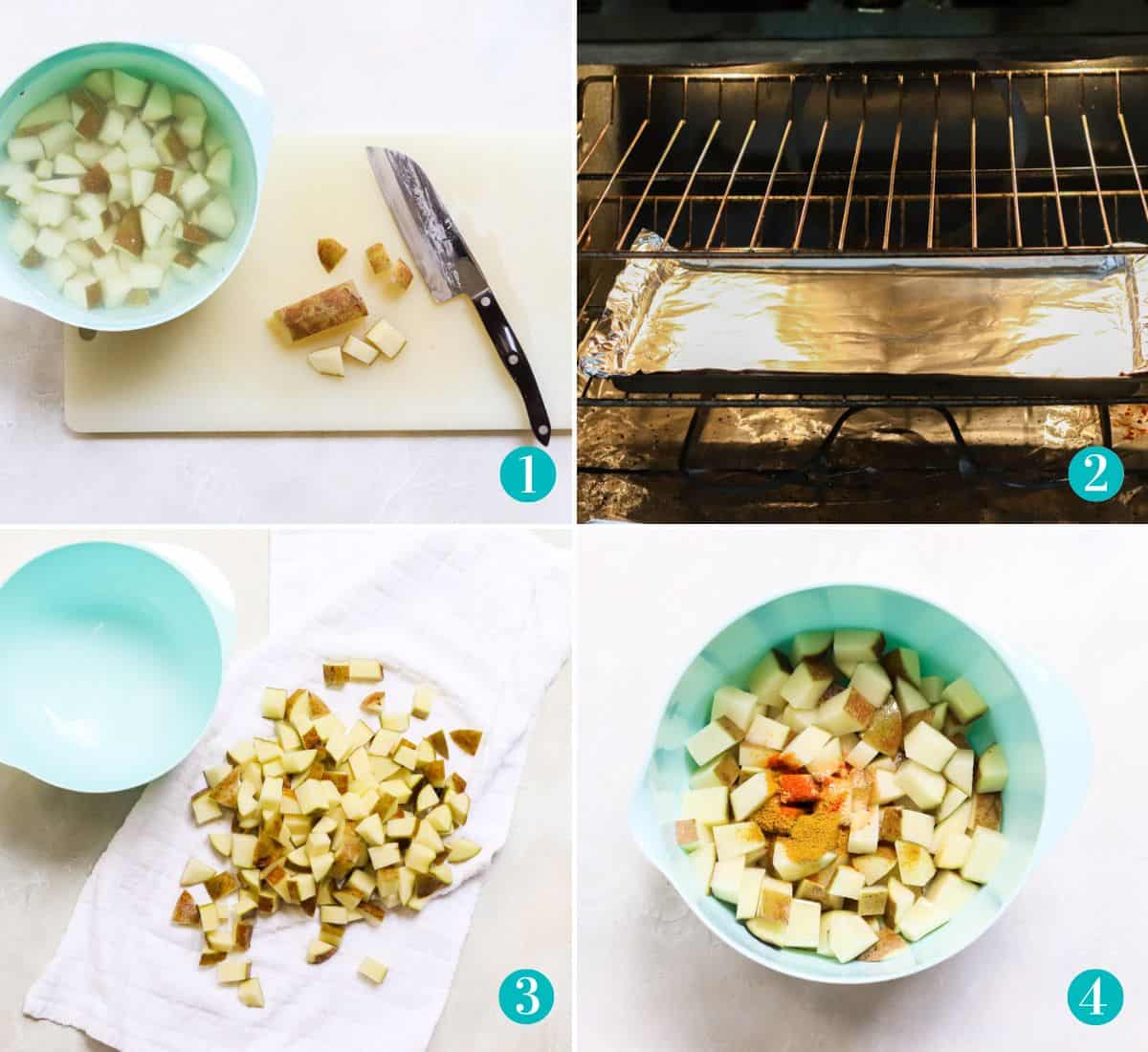 four photo collage with potatoes being chopped and put into a bowl of hot water, a baking sheet preheating in the oven, chopped potatoes being dried on a dish towel, and potatoes covered in spices in a mixing bowl.