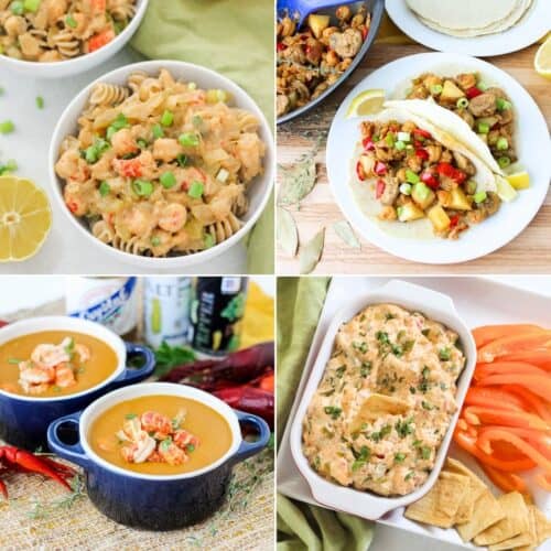 four photo collage of leftover crawfish recipes with crawfish monica, crawfish tacos, crawfish bisque, and crawfish dip.