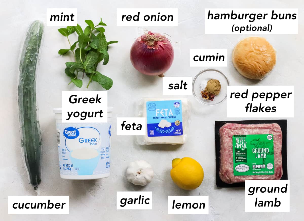 fresh cucumber, container of greek yogurt, fresh mint, garlic, lemon, red onion, feta, bowl of spices, hamburger bun, and a package of ground lamb with text overlay describing ingredients.