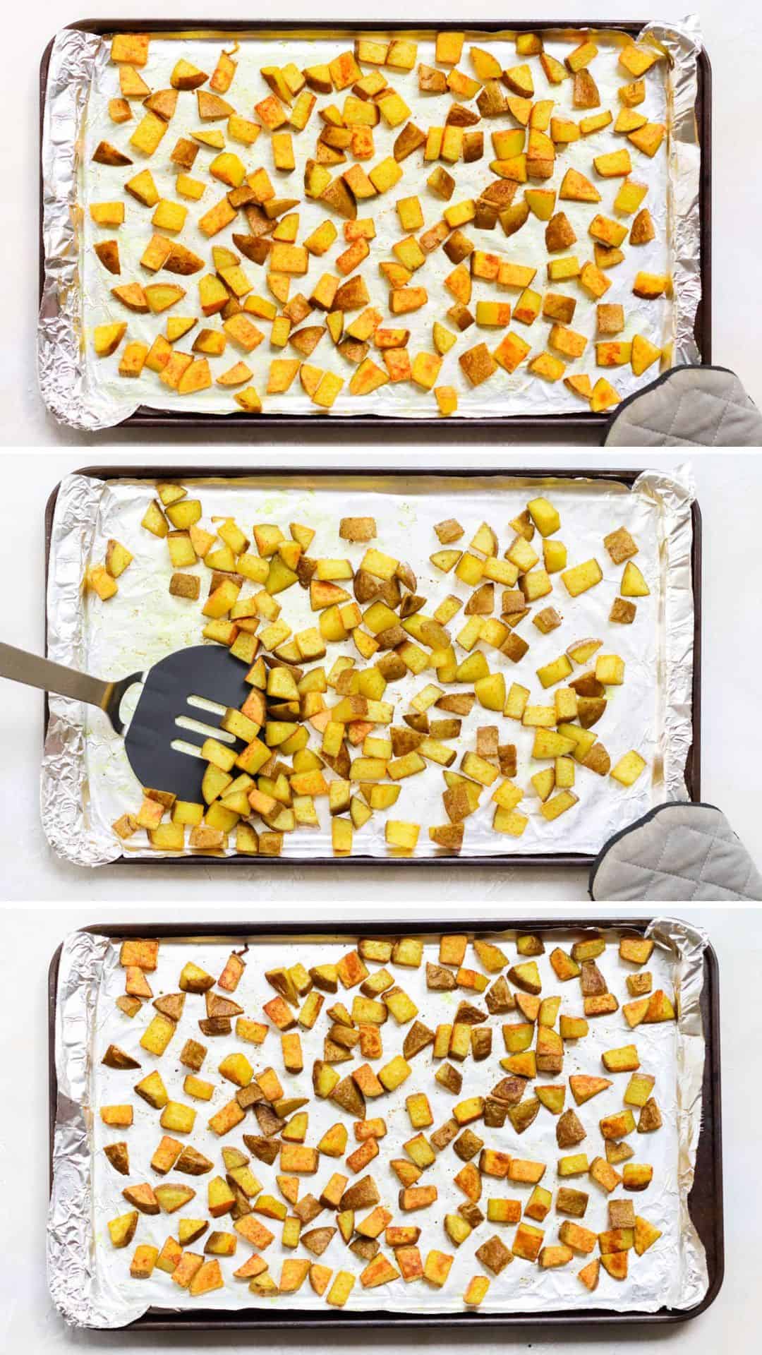 three photo collage with the progression of curry potatoes roasting on a foil-lined baking sheet.