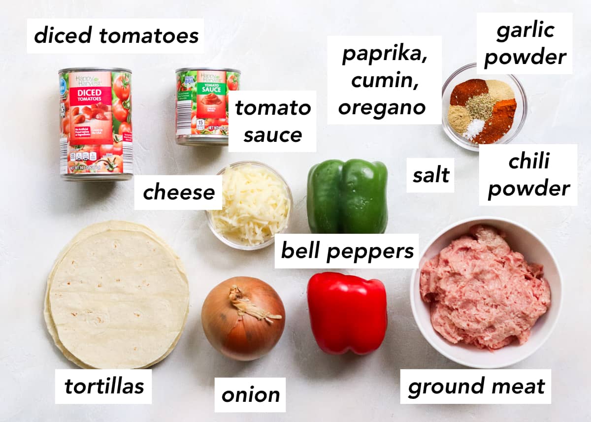 can of diced tomatoes, can of tomato sauce, corn tortillas, yellow onion, red bell pepper, green bell pepper, bowl of ground turkey, bowl of spices, bowl of grated cheese with text overlay describing ingredients.
