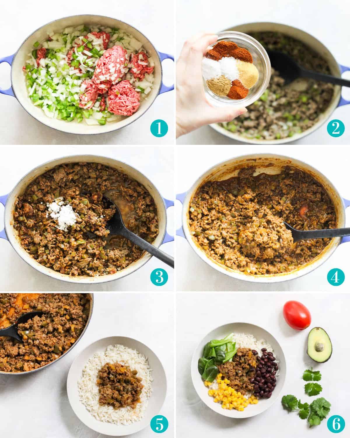 six photo collage making taco meat then turning it into a taco bowl.